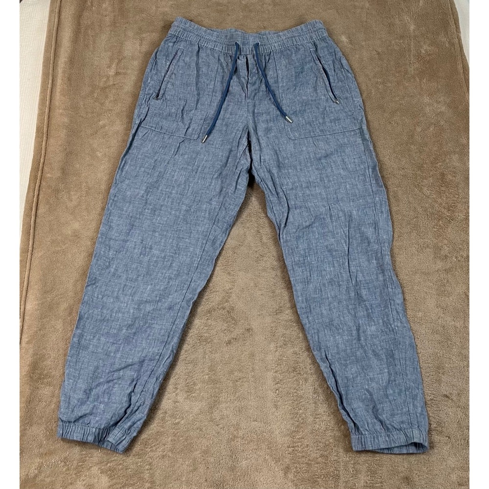 Athleta Retreat Linen Joggers Pants Women's 10 Blue Elastic Waist Linen EUC